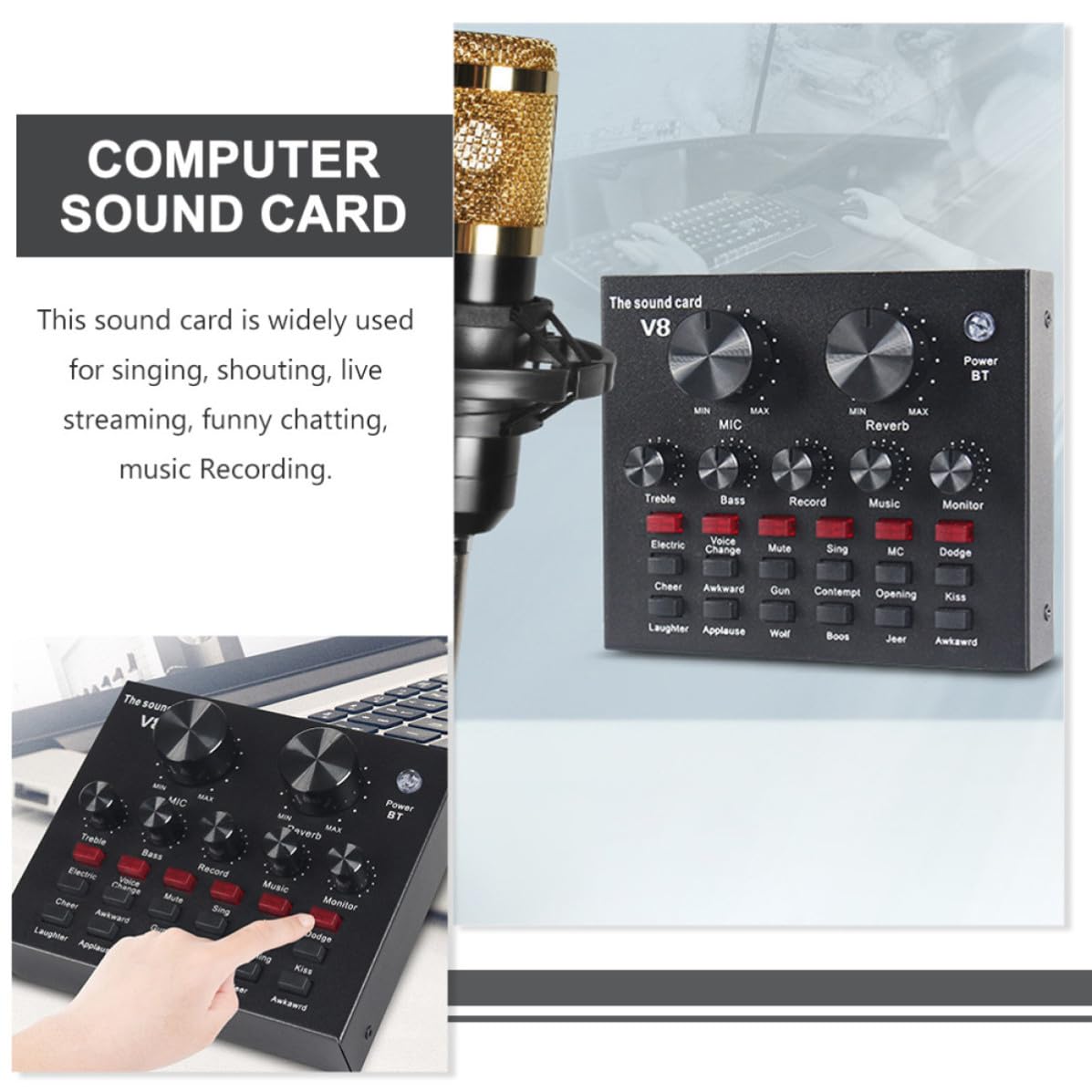 Housoutil Scheda Audio Esterna Professionale Mixer Audio e Effetti, Microfono Condensatore Nero in Metallo Volume Regolabile per Live Streaming e Canto