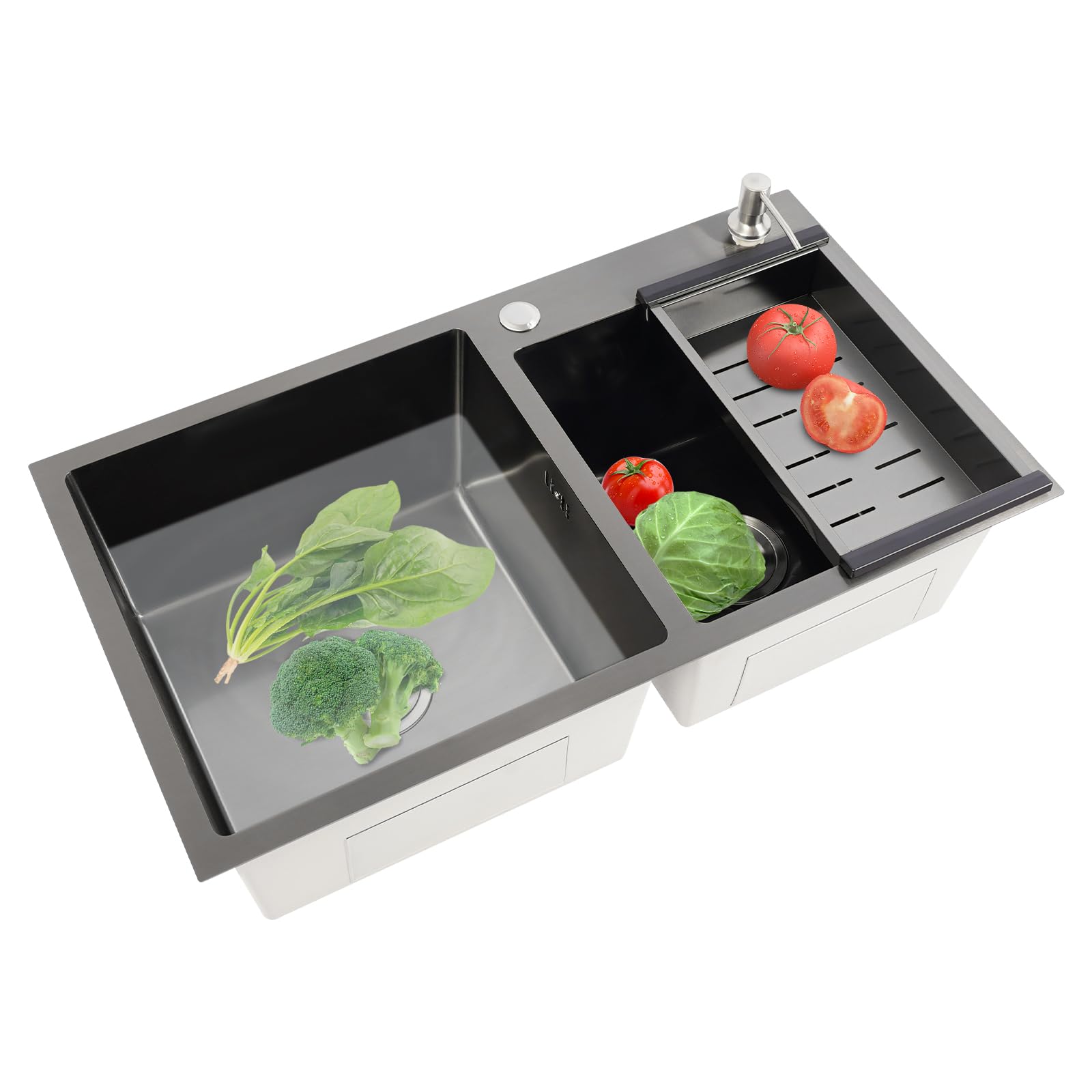Lavello da cucina indipendente, 2 vasche in acciaio inox, 78 x 43 x 22 cm, in acciaio inox, con dispenser di sapone, per cucina e ristoranti