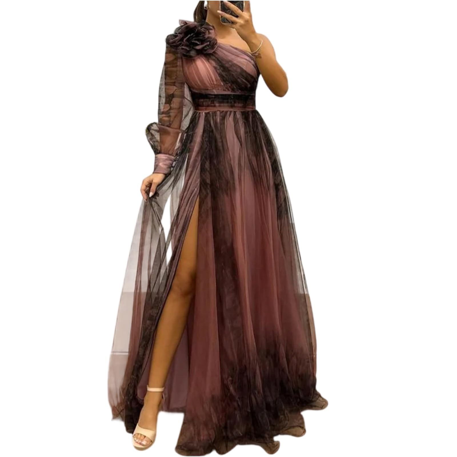 Maxikleider Damen Sommer Elegant Hochzeit Blumen Festliche Kleider Für Damen Einschulter Tüll Abendkleid Lang mit Ärmel Cocktailkleid Hochzeitsgast Maxi mit Schlitz Kleid Festlich Schwingen