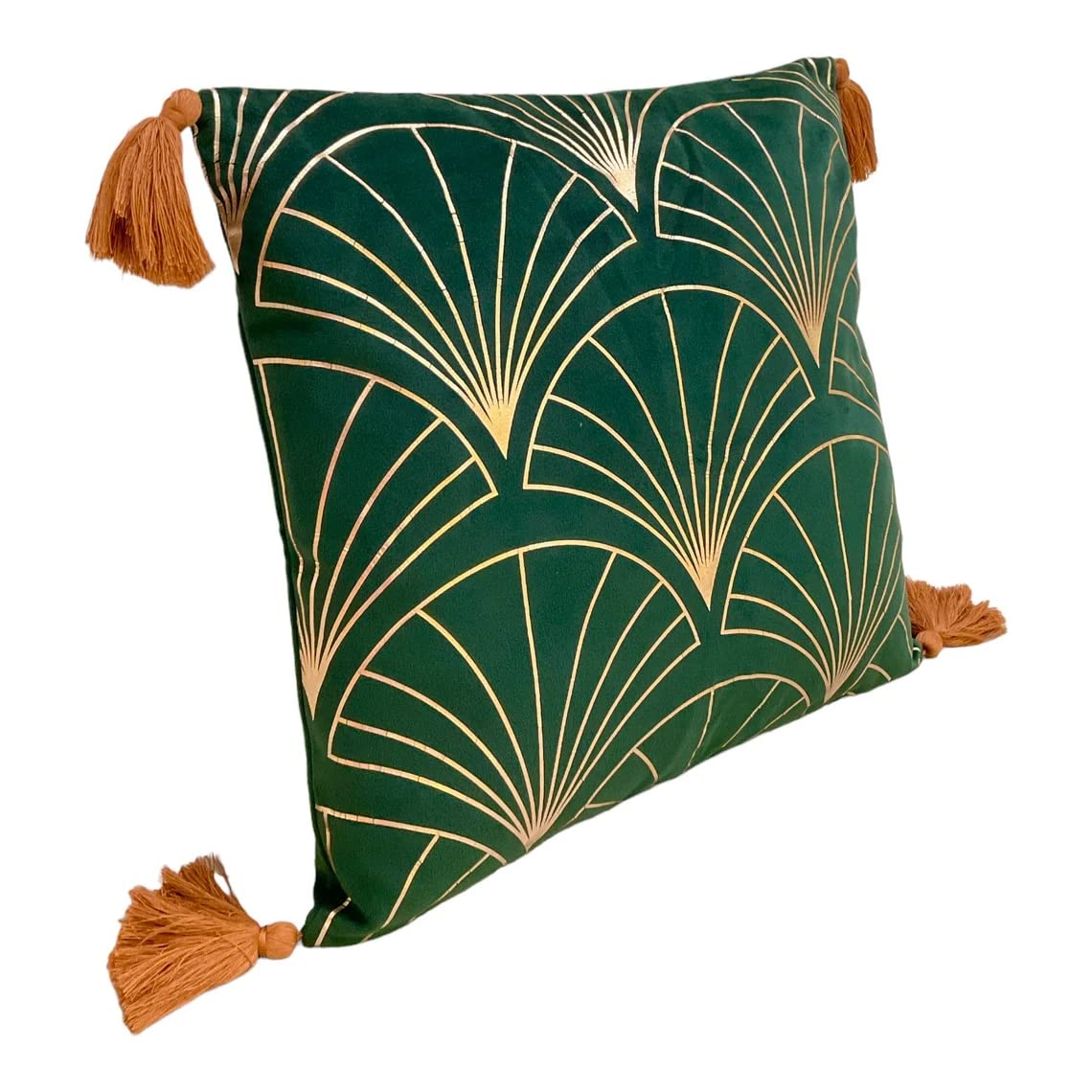 Moroccanity Emerald Green Art Deco Velvet Copper Gold Cushion Cover With Tassels, Art Deco Pillow, Gold Green Cushion Cover, Velvet Pillowcase, 43X43cm