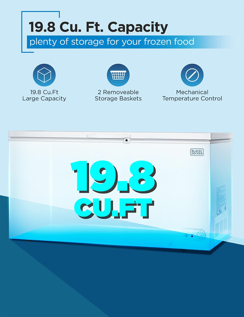 Black+Decker 19.8 Cu. Ft. Chest Freezer, Deep Freezer With Top Opening, Freezer Chest With 2 Removable Storage Baskets, Mechanical Temperature Control, Manual Defrost, R600a Refrigerant,Bcf1980e,White on Fridge.com - View 2