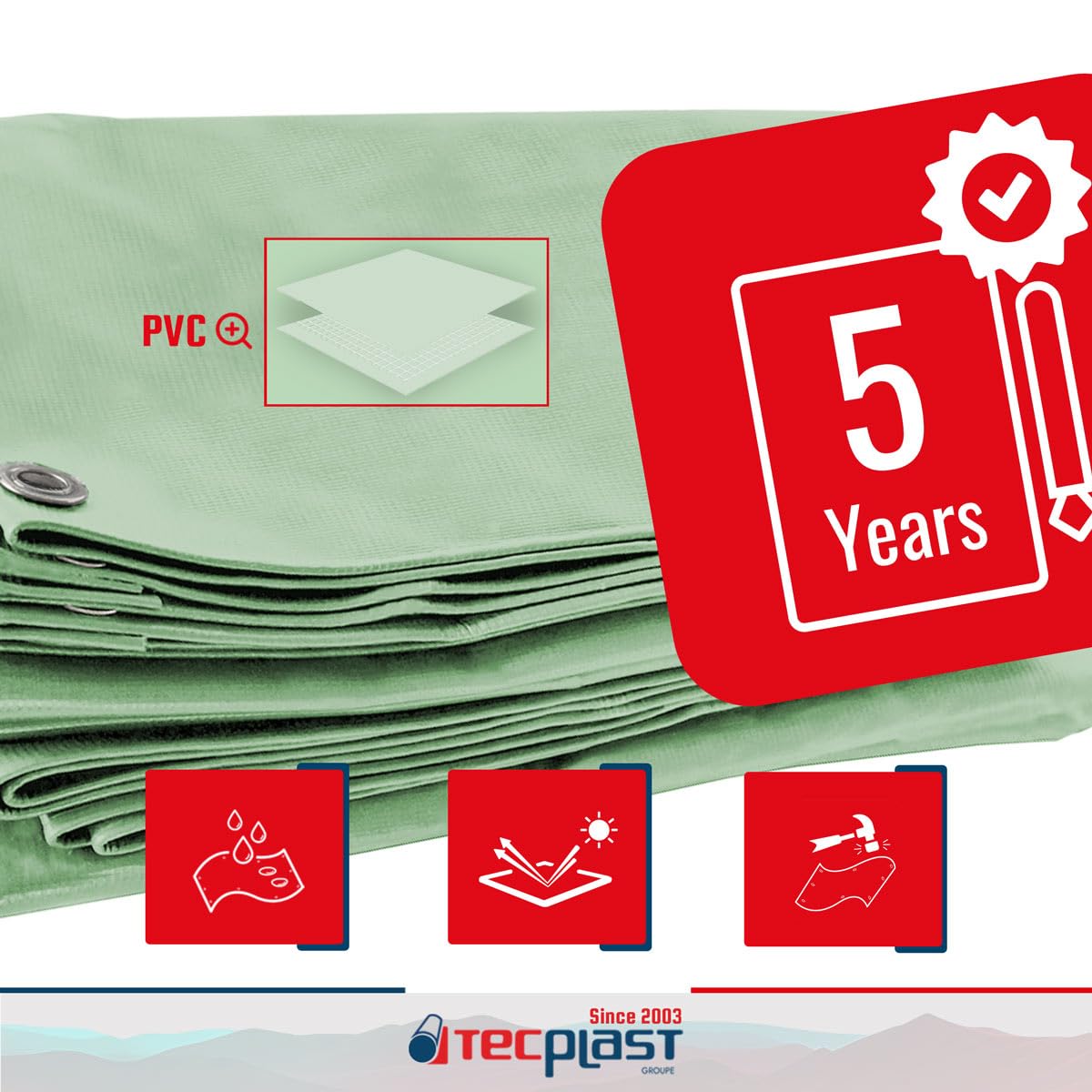 TECPLAST Bâche pour Carport 3x5 m LP506CP Vert Sauge - Garantie 5 Ans - Toile PVC étanche pour abri de Voiture