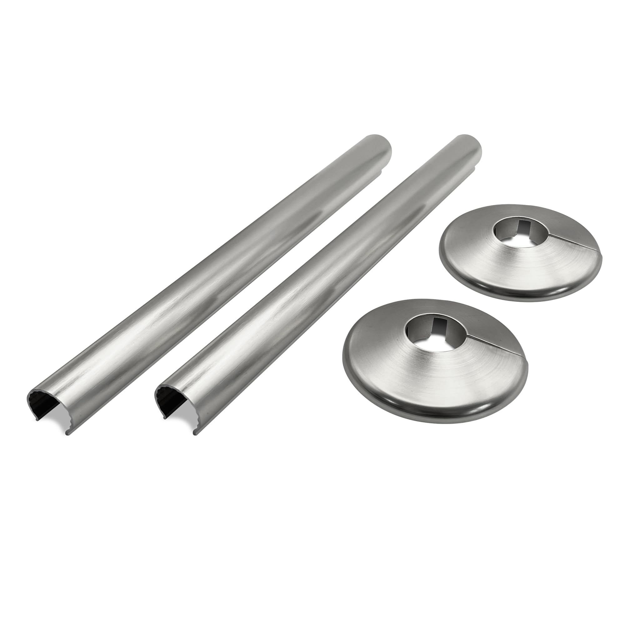 200mm Brushed Nickel Retro Fit Snap On Plastic/Alloy Radiator Sleeve Cover & Collar Sets Pair for 15mm Pipe โ image 1