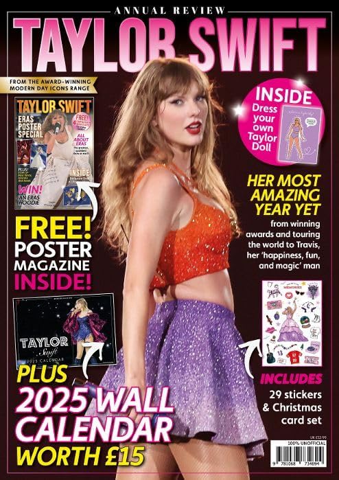 Taylor Swift Annual Review Magazine, 2025 Wall Calendar, Poster, Stickers and Occassion Cards and FREE TAYLOR POSTER MAGAZINE