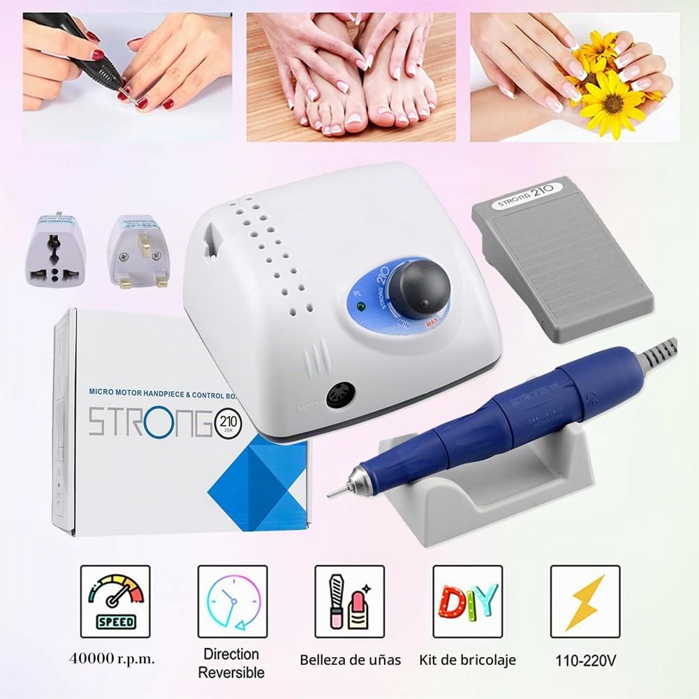 Kyaoayo Fresa de uñas eléctrica, 40.000 rpm, taladro de uñas profesional, lima de uñas eléctrica, juego de manicura, con seis estilos diferentes de cabezal de lijado, incluido, para diseño de uñas