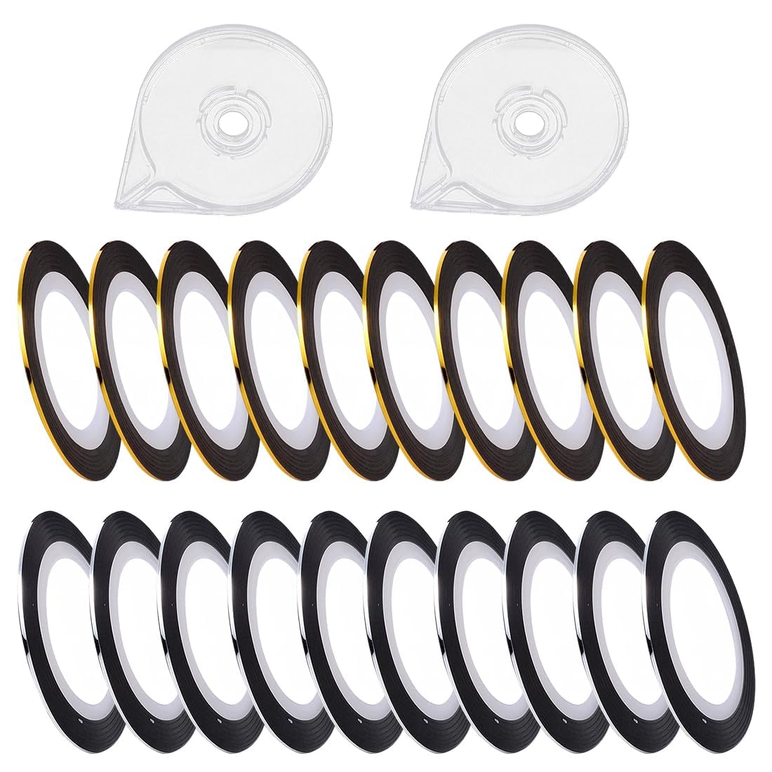 Kit de 22 Pièces (20 Rouleaux + 2 Dévidoirs), Ruban de Décoration 1mm x 20m Or & Argent, Autocollants Nail Art pour Manucure DIY & Salon, Durable & Brillant