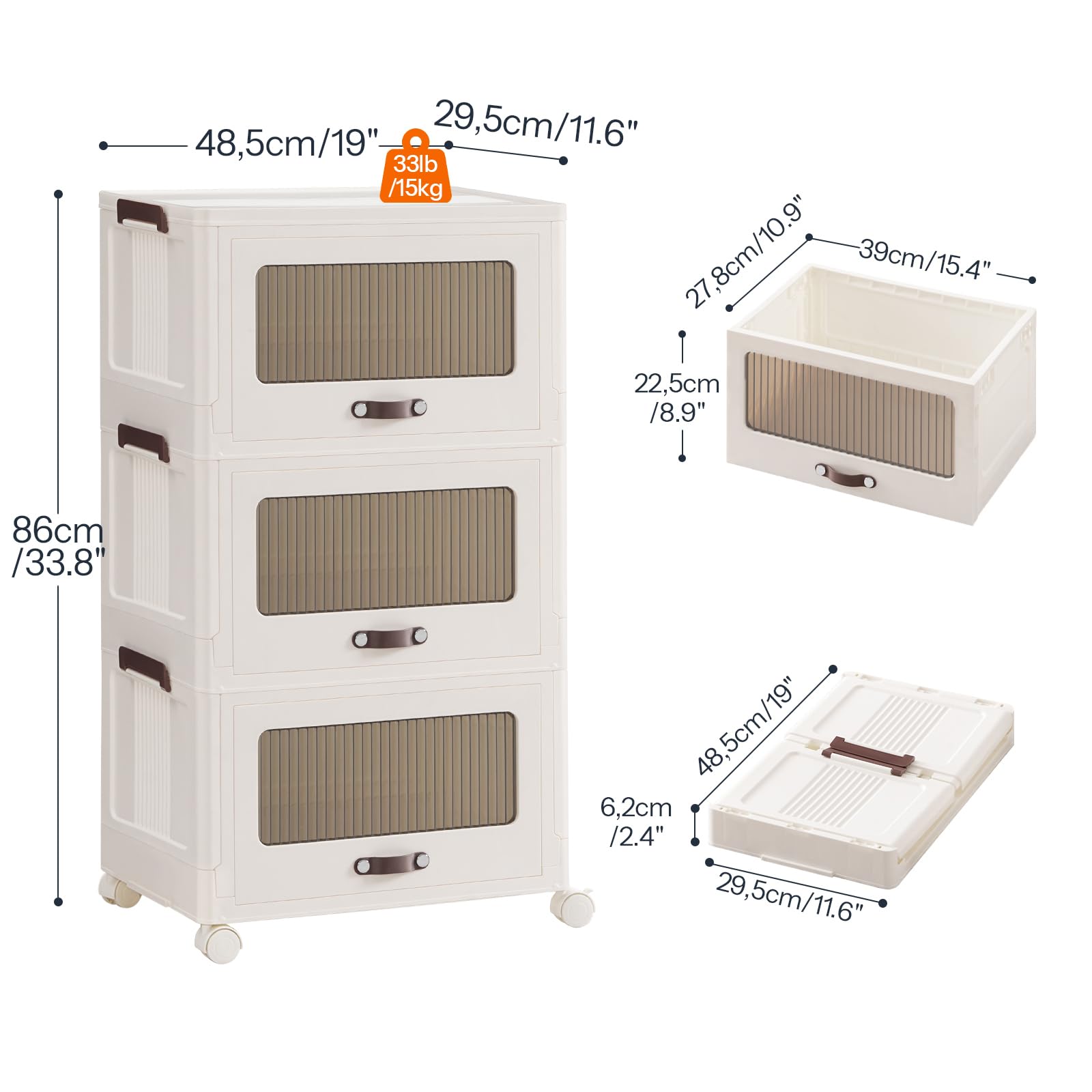 HOOBRO Rangement empilable à 3 niveaux, Organisateur mobile, Rangement Tiroir plastique à roulettes, Chariot de Snacks de style doux, pour rangement de chambre, Blanc EWG340CW01