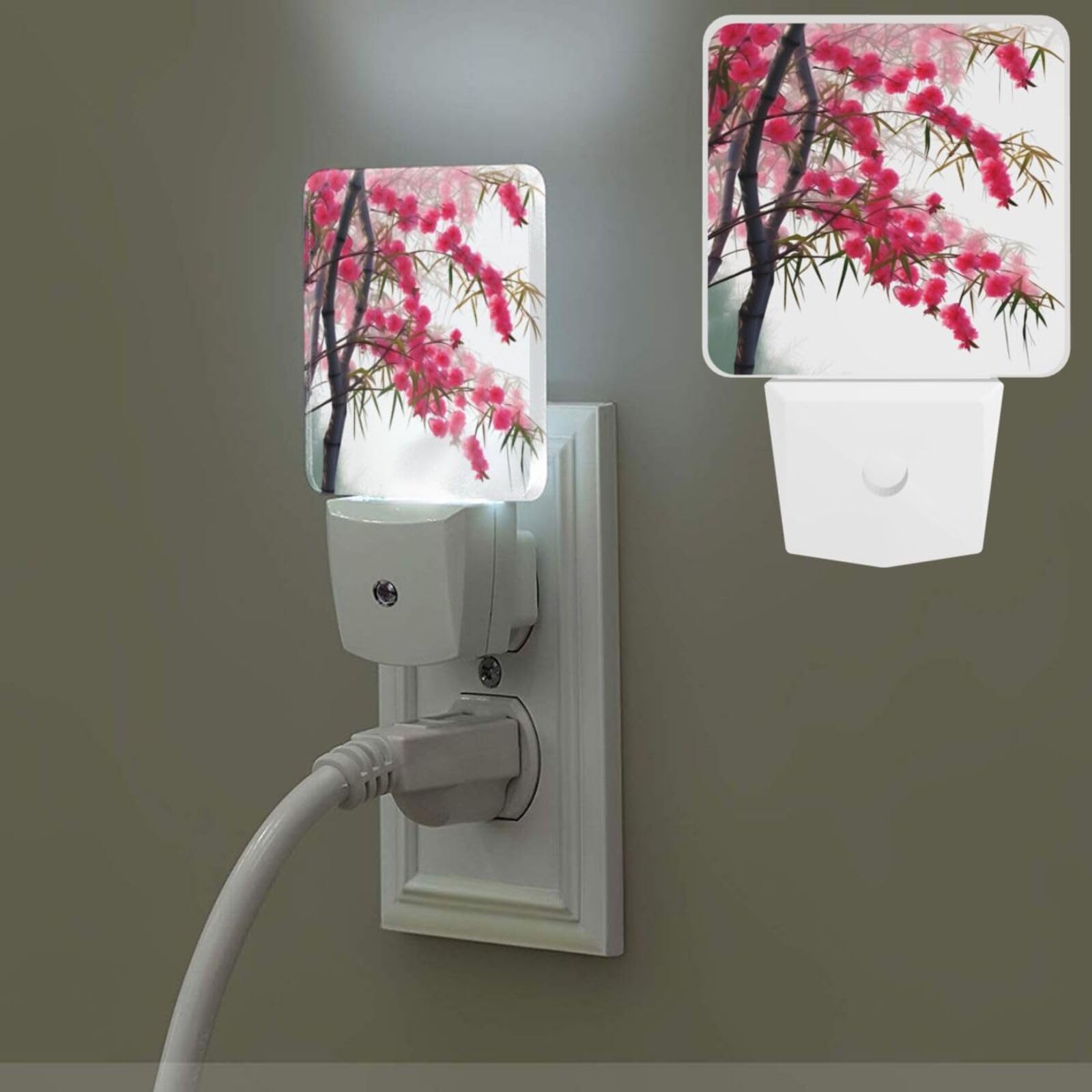 Bamboo and Cherry Blossoms Tree Night Light Plug into Wall, LED Night Light with Dusk-to-Dawn Light Sensor 0.5W Nightlights Plug in Lamp for Hallway, Bedroom, Bathroom