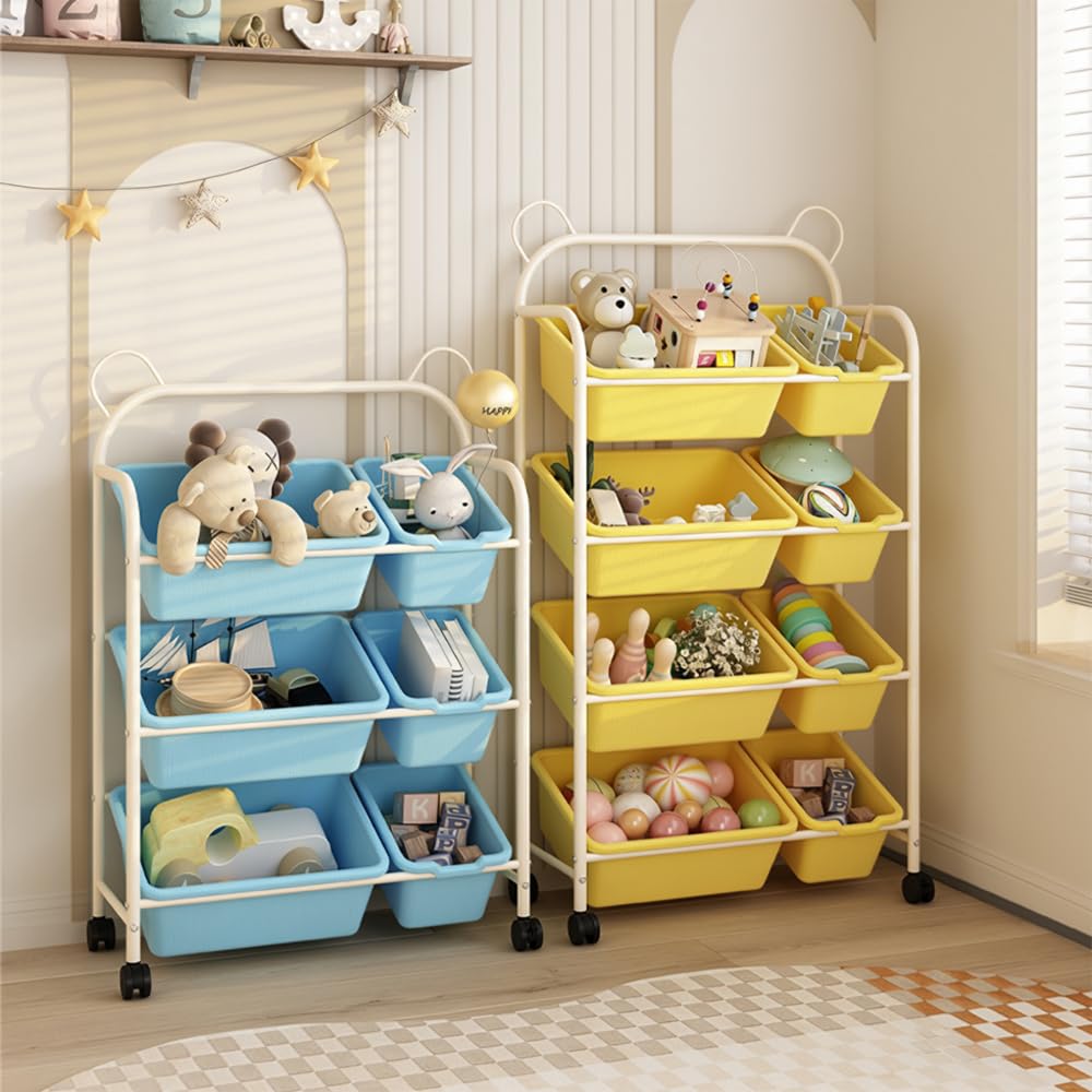 Organizador de Juguetes Infantil con Ruedas, 8 Cajas Amarillas Extraíbles, 4 Niveles, 63x28.5x122.5cm, Diseño de Orejas de Oso, Almacenamiento para Habitación Infantil (4 Tier)