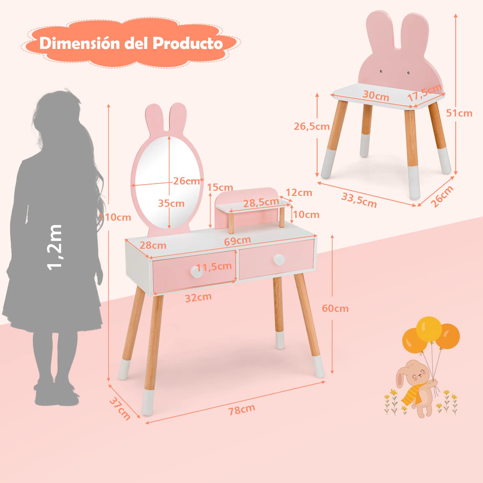 COSTWAY Tocador de Maquillaje de Princesa para Niña, Juego de Mesa y Silla, Escritorio Espejo 2 en 1 para, 2 Cajones y Estante, Juego de Tocador con Patas de Madera Maciza (Rosa)