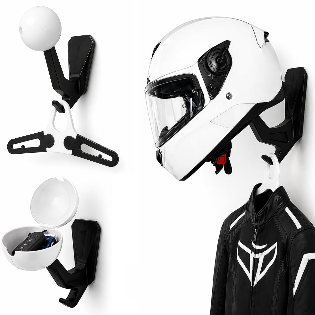 Supporto Casco Moto da Parete 3 in 1 Premium con Gancio Giacca e Porta Oggetti, Porta Casco Universale Salvaspazio, Appendi Casco Moto per Garage Casa Ufficio Design Moderno