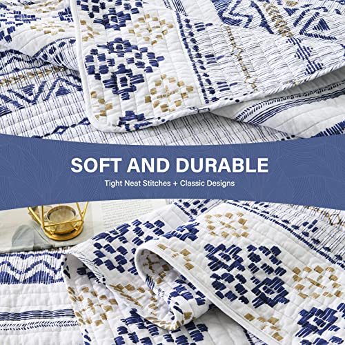 Sahsahcasa Quilt King Size, King Quilt Set, 100% Cotton Boho Quilt, King Quilt Bedding Set Bedspreads, Bohemian Reversible Lightweight Striped Quilts Bedspread For All Season, White/Navy/Beige #TOP4
