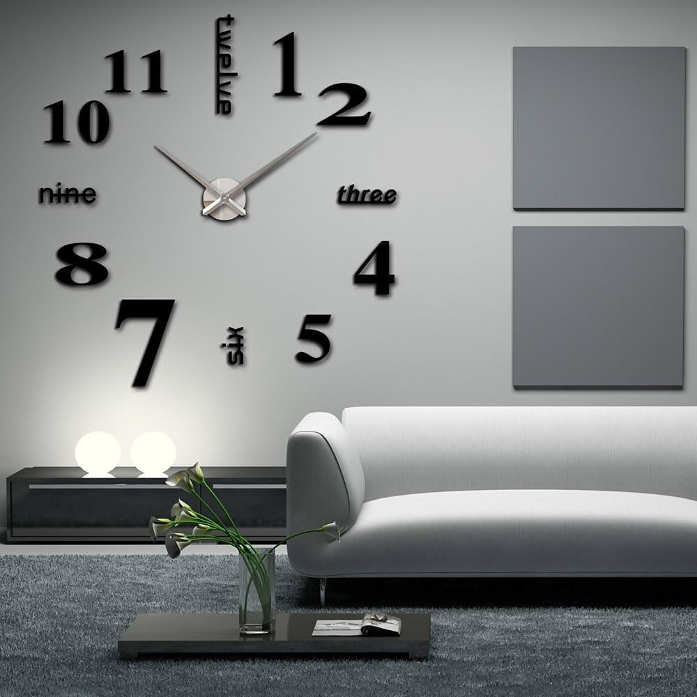Modern 3D Frameless Large 3D DIY Wall Clock Watches Hours DIY Decorations Home for Living Room Bedroom (black)