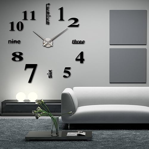 Miniatura 6 de Elikeable Reloj de pared moderno 3D sin marco grande 3D DIY DIY Horas DIY Decoraciones hogar para sala de estar dormitorio (plata-rosa)