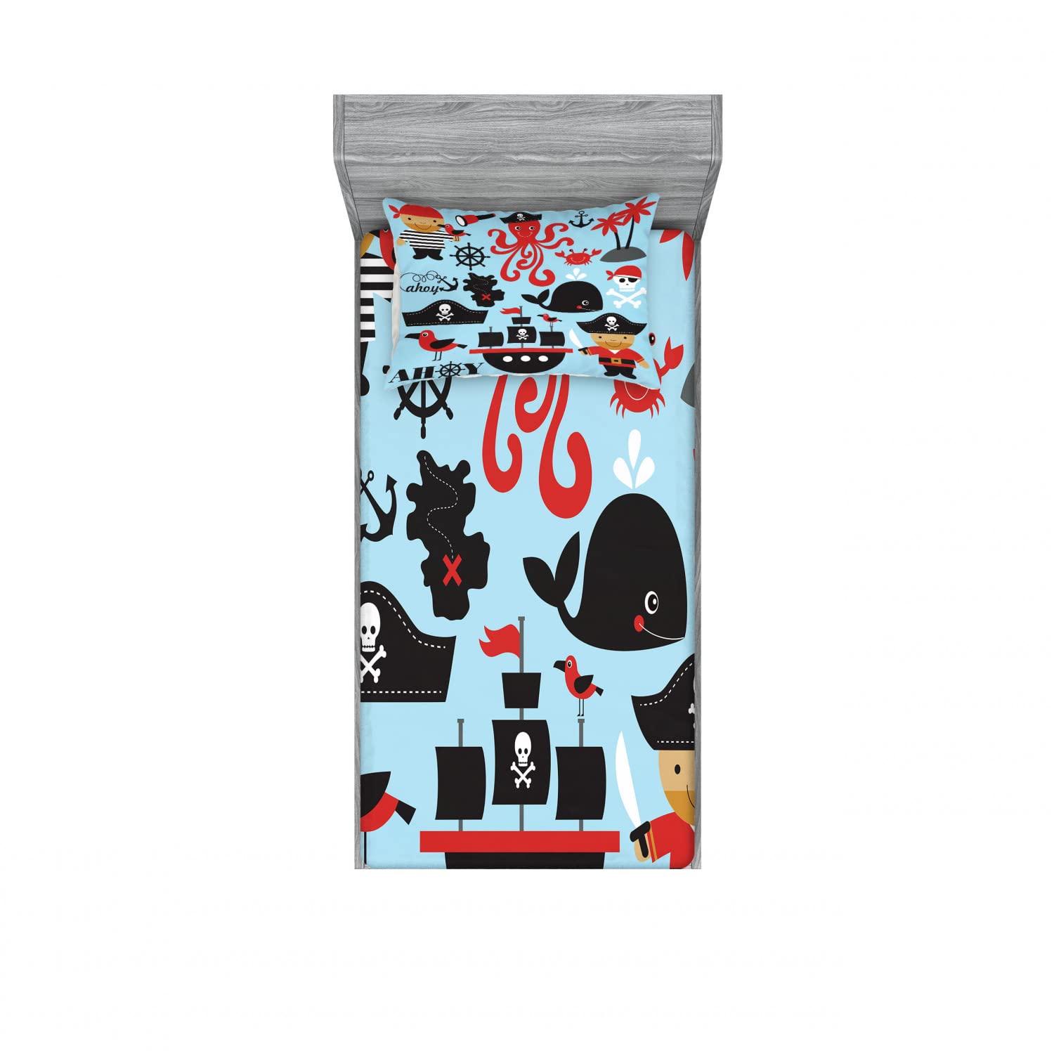 Ambesonne Pirate 2 Pack Fitted Sheet & Pillow Sham Set, Cartoon Marine Adventure, 4 Pcs Bedding Decor, Package Contains 2 Twin Size Fitted Sheets & 2 Pillow Covers, Blue Pink