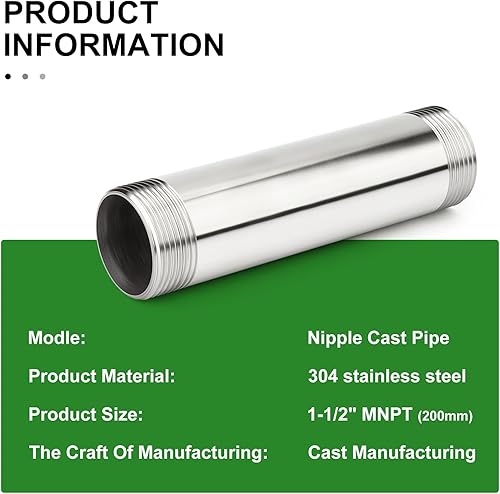Miniatura 733 de TAISHER 2 accesorios de tubería de acero inoxidable, 1/2 "NPT x 1/2" NPT macho roscado, tubo fundido de pezón de 6 pulgadas de longitud 1.969 in