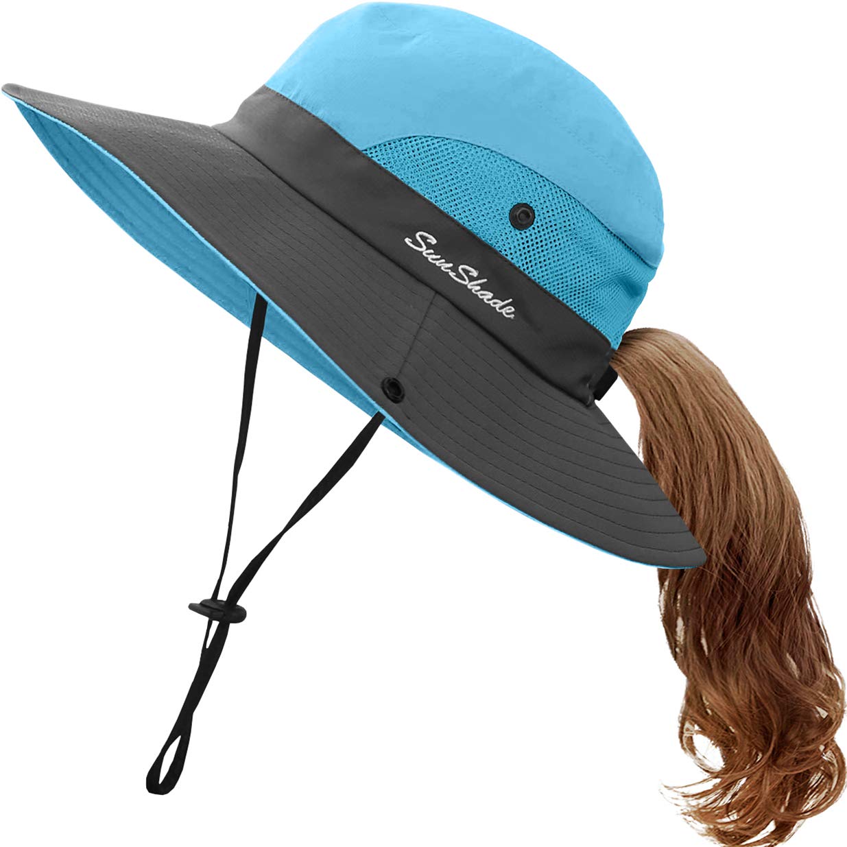 IYEBRAO Kids UV Sun Hat with Ponytail Hole UPF 50 Bucket Cap for Girls Summer Beach ＆ Fishing, Sky Blue, Medium