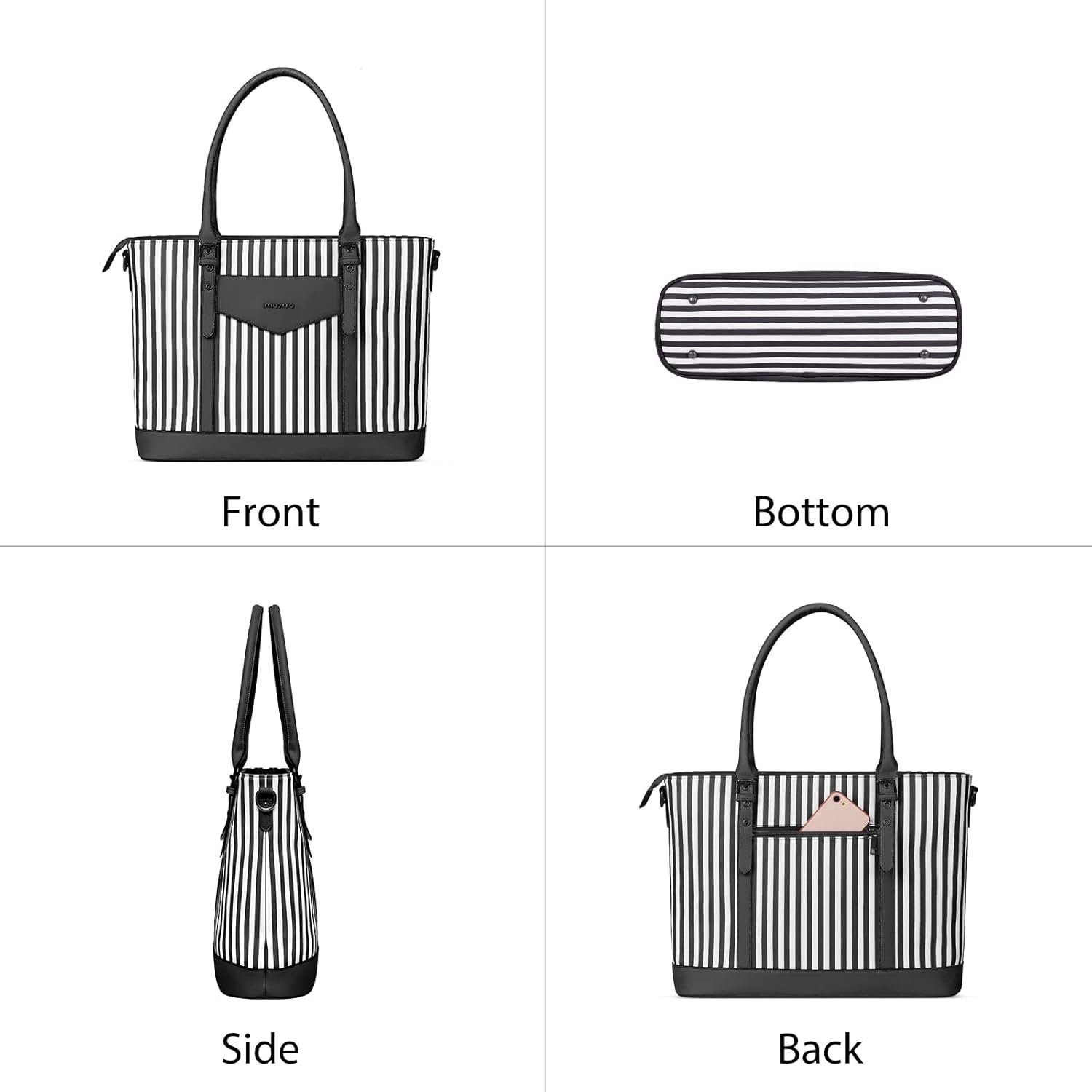 MOSISO Laptop Tote Bag for Women Compatible with MacBook, 17-17.3 inch Notebook and Chromebook, Waterproof Vertical Stripe PU Leather Travel Computer Bag with Envelope Pocket & Small Purse, Black - Image 5