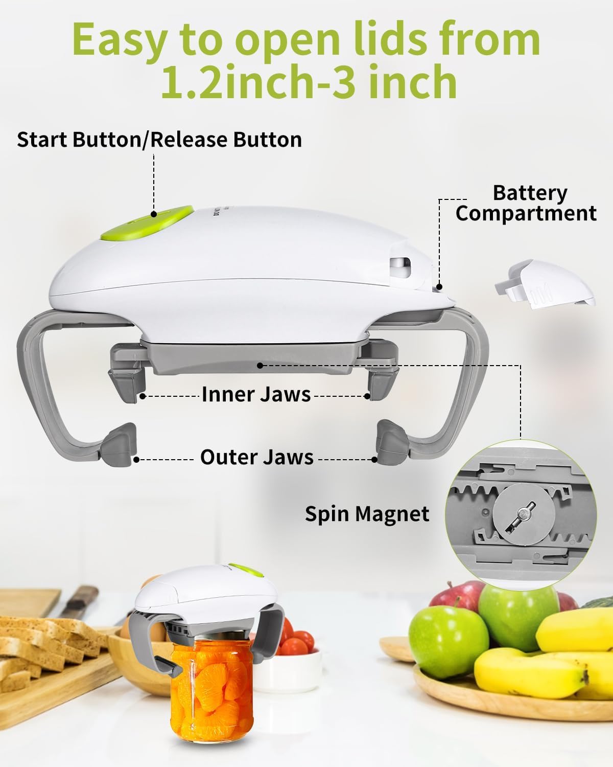 MayMax Abridor Electrico Automatico de Botes y Tarros - Abre Tarros Automatico Manos Libres para Tapas de Rosca, Facil de Usar para Cocina y Personas Mayores