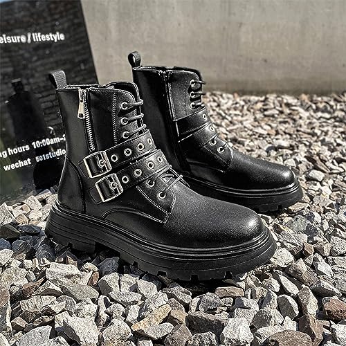 Ephirebra Men's Platform Ankle Boots Lace Up Buckle Side Zipper Non-Slip Round Toe Combat Booties Motorcycle Boots2
