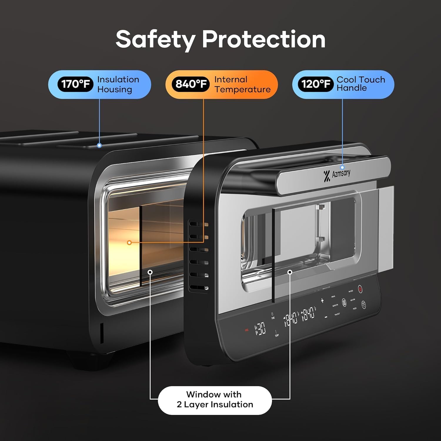 Diagram illustrating safety features of the Azmsary Pizza Oven: 170°F insulation housing, 840°F internal temperature, 120°F cool-touch handle, and 2-layer insulated window