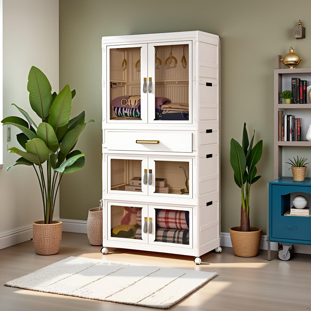 Kunststoff-Klappschrank mit Magnettüren und Rollen, 1 Aufhängung und 3 Aufbewahrungsplätze, 64x41x161,5 cm, Stabile und robuste Mehrzweckschränke für Zuhause und Büros