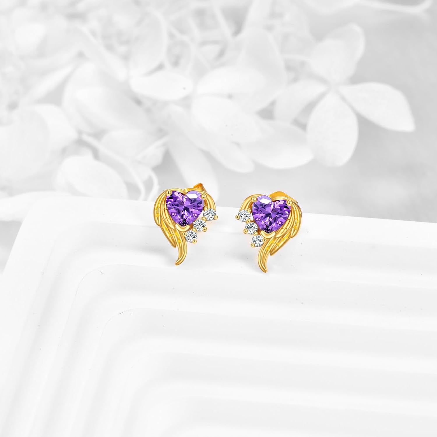 Gold Heart Earrings 10k Gold Amethyst Angel Wings Heart Stud Earrings Jewelry Christmas Gifts for Women - Image 3