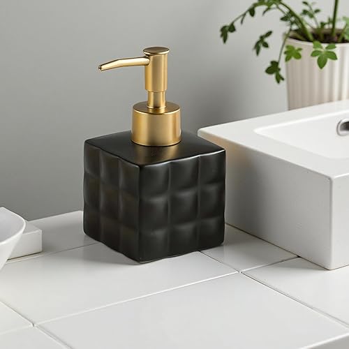Miniatura 7 de Dispensador de jabón negro y dorado, acabado mate de cerámica, diseño retro con base cuadrada para encimera de fregadero de baño, dispensador de