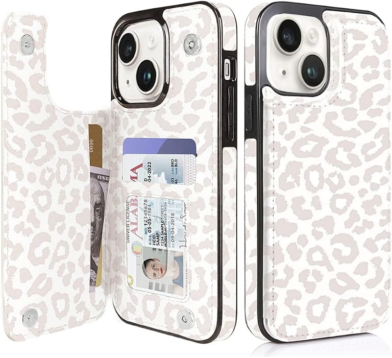 uCOLOR for iPhone 13/14 Wallet Case with Card Holder Beige Leopard | PU Leather RFID Blocking for Women Men Magnetic Clasp Kickstand 6.1"