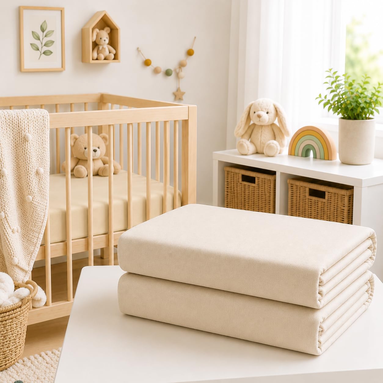 BABYMAM 2 Pack 100% Cotton Jersey Fitted Sheets 140x70cm Cot Bed (Beige)