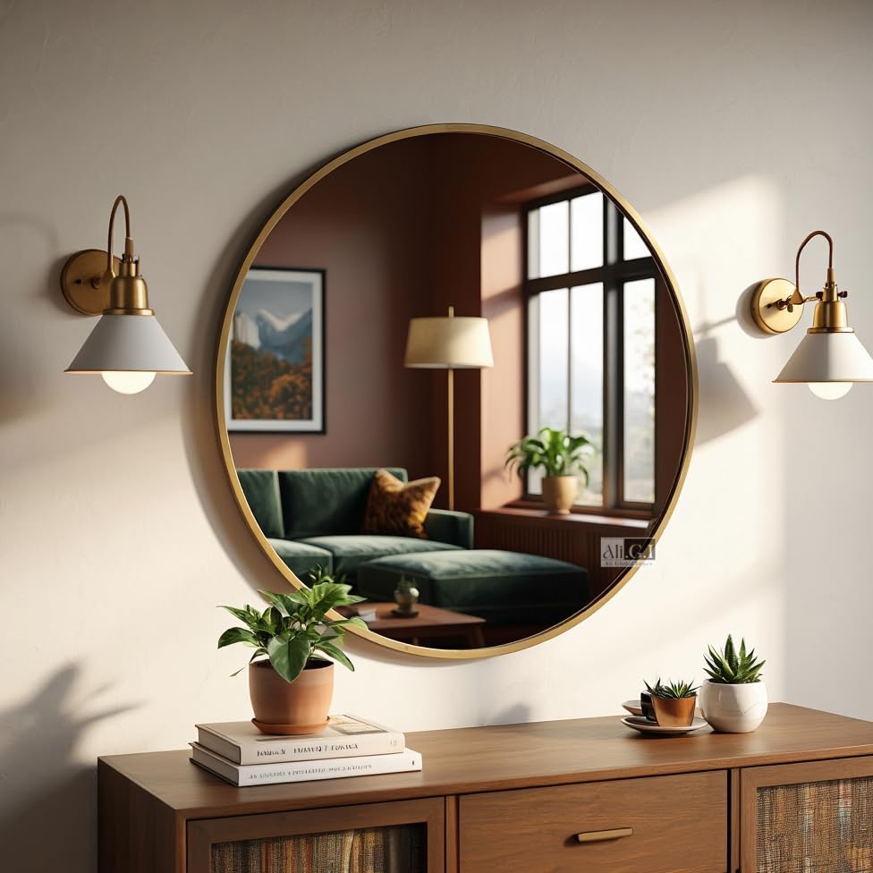 Image of Ali.G.I Round Wall Mirror, Modern Metal Framed Decorative Circle Vanity Mirror for Bathroom, Living Room, Bedroom & Entryway (Gold 30 inch)