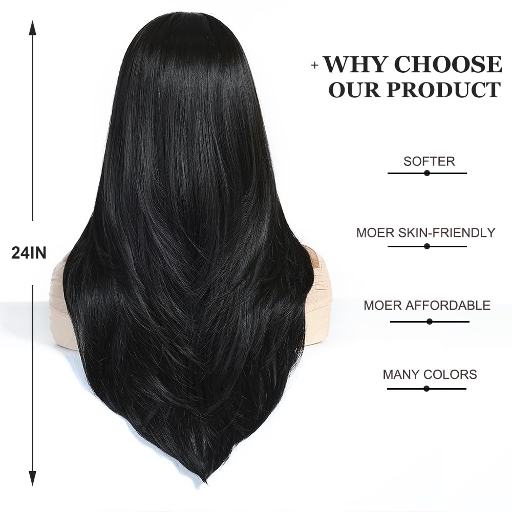 Esmee Long Straight Black Brown Wigs for Women with Fringe Natural Synthetic Hair Wig for Daily & Party Use - Image 4