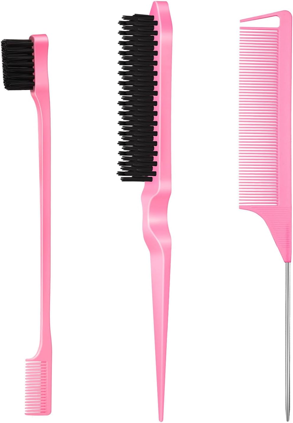 SWEET VIEW 3 Pcs Slick Back Hair Brush Set with Edge Brush, Bristle Brush, Rat Tail Comb, Teasing Brush Set for Smoothing Baby Hair & Flyaways - Pink