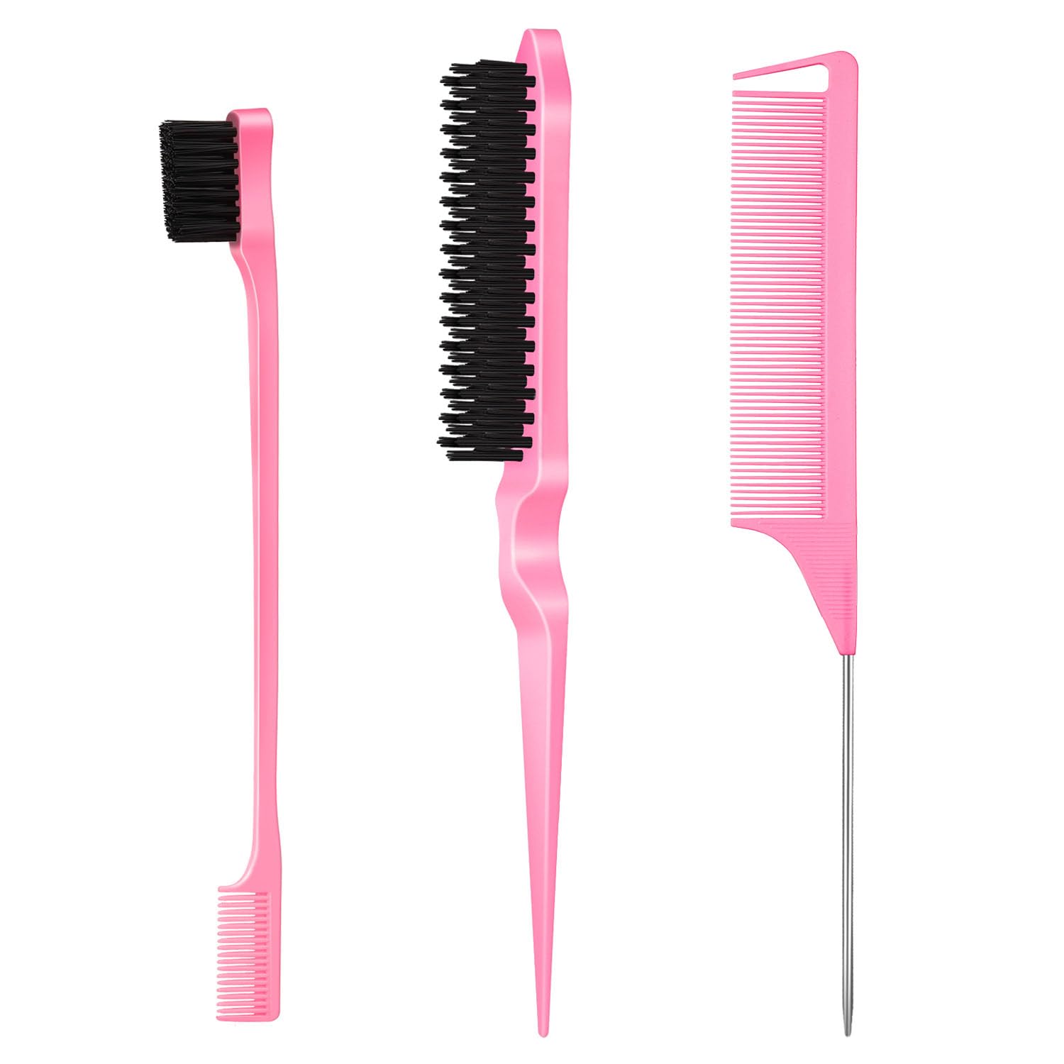 3 Pcs Slick Back Hair Brush Set with Edge Brush, Bristle Brush, Rat Tail Comb, Teasing Brush Set for Smoothing Baby Hair & Flyaways - Pink