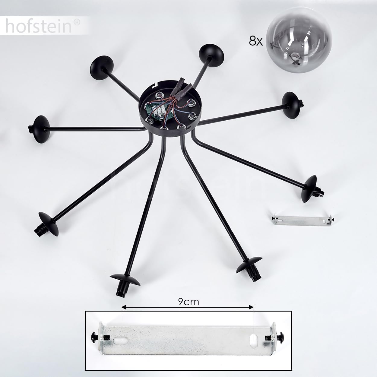 HOFSTEIN Plafoniera Chehalis, lampada da soffitto in metallo/vetro in nero/ fumo/trasparente, in moderno design retrò/vintage con ombrelli in vetro ( 15 cm), 8 x G9