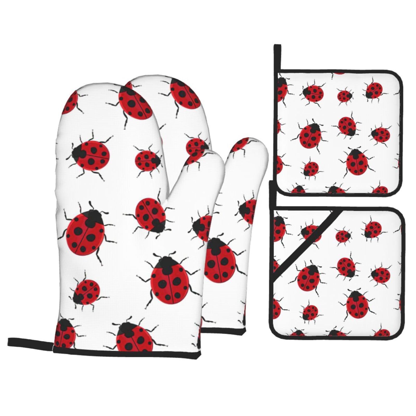 Ladybug Print Kitchen Oven Mitts And Pot Holders Set,Hanging Loop Design For Cooking Baking Bbq