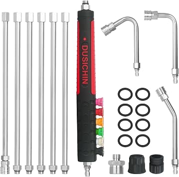 DUSICHIN Pressure Washer Extension Wand Gutter Cleaning 8 FT Garden Hose Adapter, Upgarded Soft Handle 6 Nozzle Tips 3 Curved Rod for Gutter, 1/4" M22-14mm Fitting 3/4" GHT Connector DUS2612