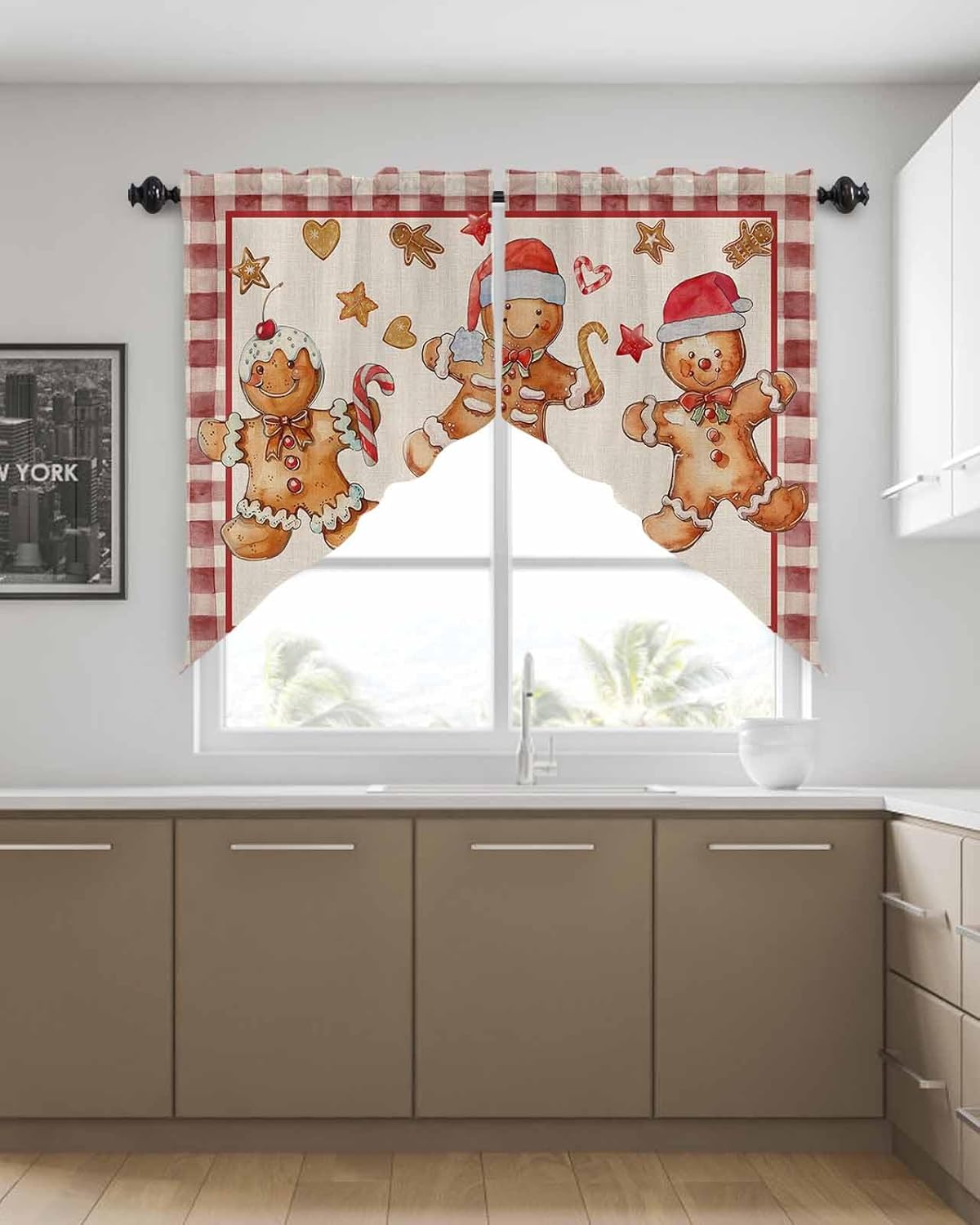Christmas Swag Curtains, Gingerbread Man Red White Plaid Swag Valances for Windows Rod Pocket Winter Kitchen Curtains Valances Scalloped Valance/Swag Xmas Window Treatment (36" W x 45" L Each Panel)