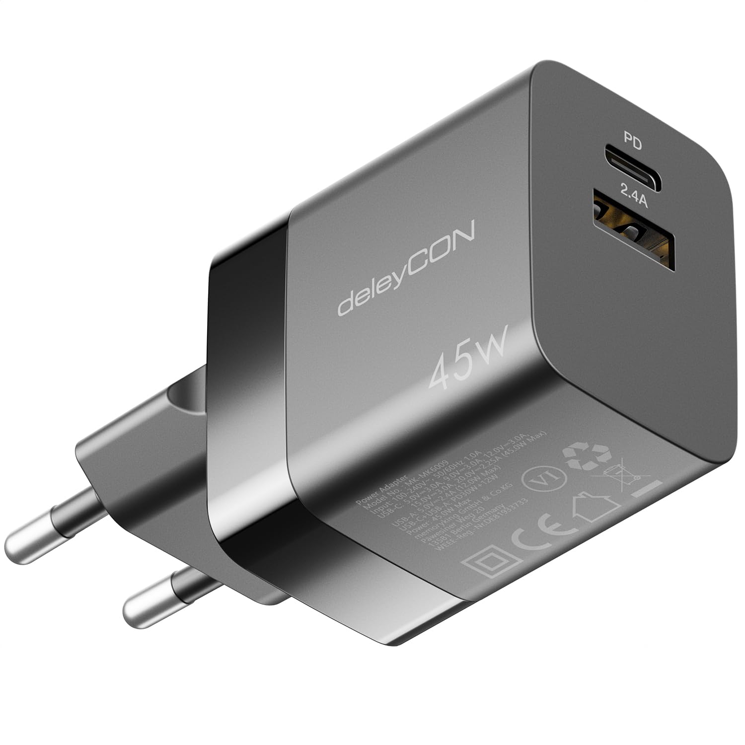 deleyCON Ładowarka USB-A i C (2 Porty - Ładowarka do Szybkiego Ładowania 45 W) Zasilacz USB do iPhone'a 17 16/15/14/13, Galaxy S25/S24/S23, Pixel Handy, iPada, Tabletu, Laptopa, Notebooka - Czarna