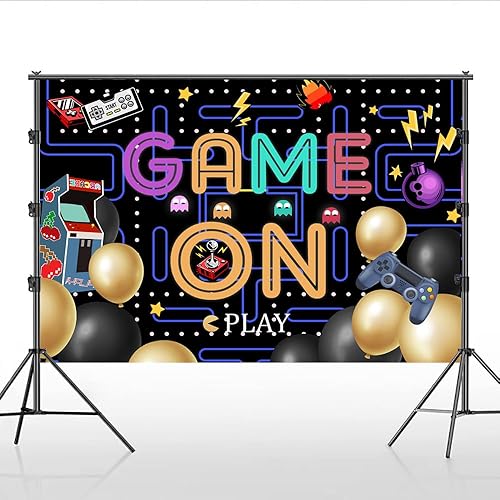 Miniatura 2 de Lofaris Juego en telón de fondo de video juego para niños, fondo de fotografía de cumpleaños, luces coloridas, suministros de fiesta, decoración de