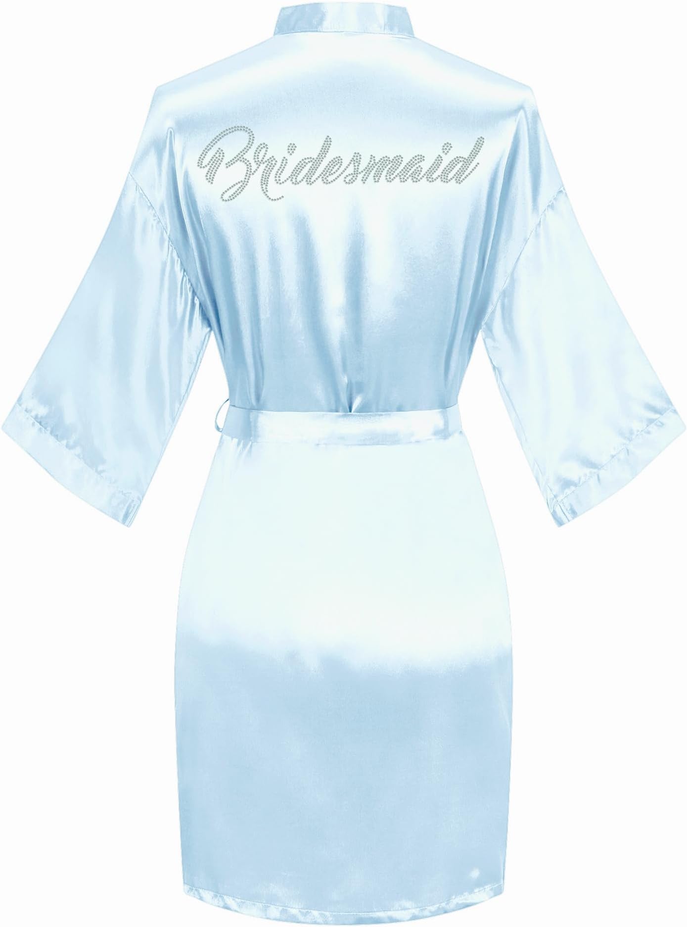 Women's Satin Robe Short Kimono for Bride & Bridesmaid with Silver Rhinestones, Wedding Party Robes