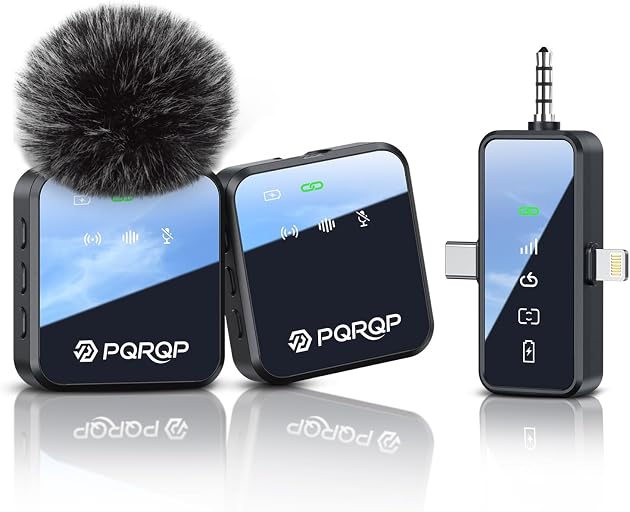 PQRQP 3 in 1 Wireless Mini Microphone for iPhone, Android, Camera,328ft Range, 18H Battery Life,High-Fidelity Audio Clip on Mic for Content Creators-Soot Black