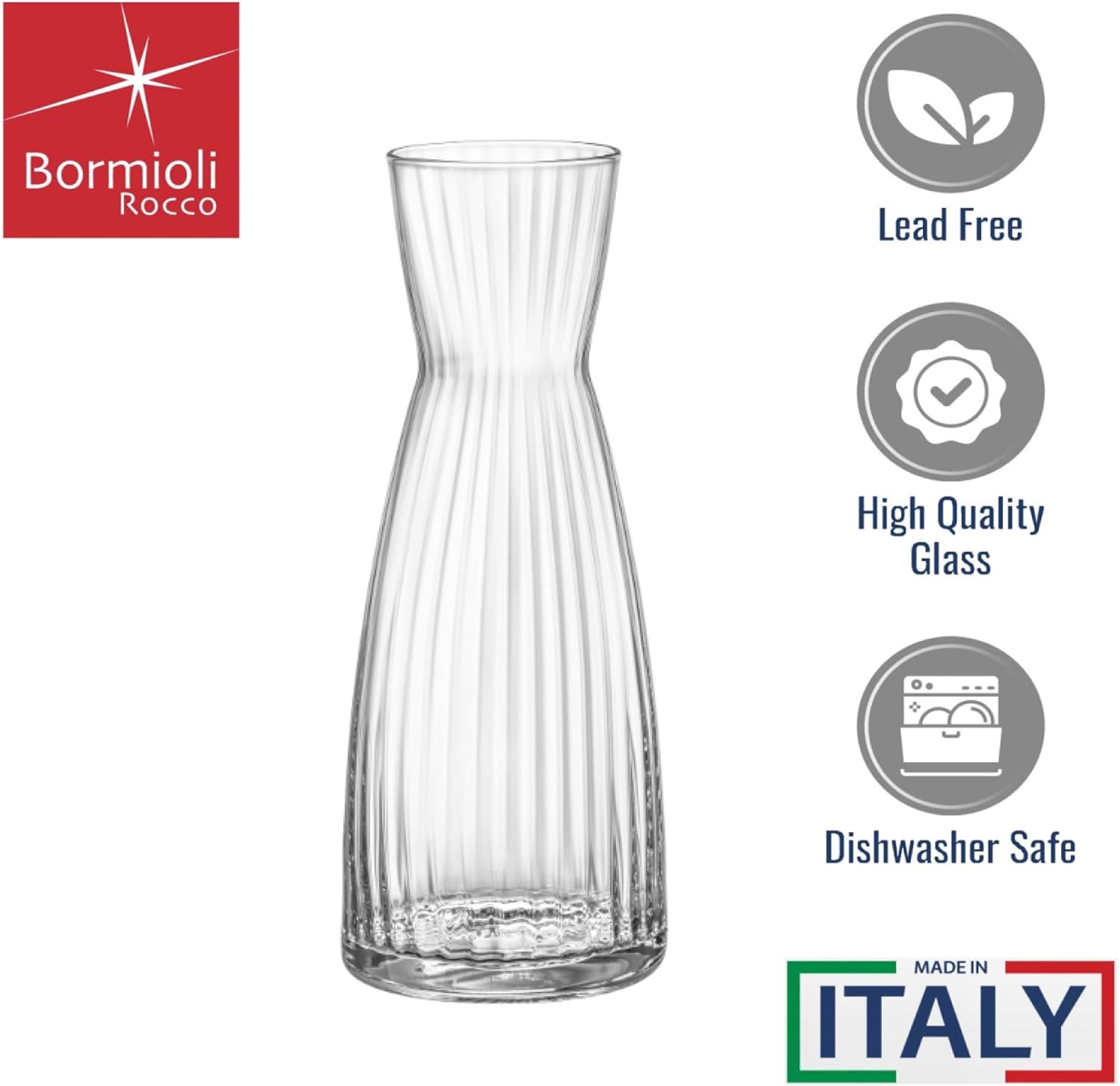 Bormioli Rocco Exclusiva Carafe, Set of 2-33.75 Oz - Italian Crafted Star Glass with Radiant Facets - Lead-Free Transparent Jugs for Wine, Water, Cocktails - 1L Breakage-Resistant, Recyclable Design
