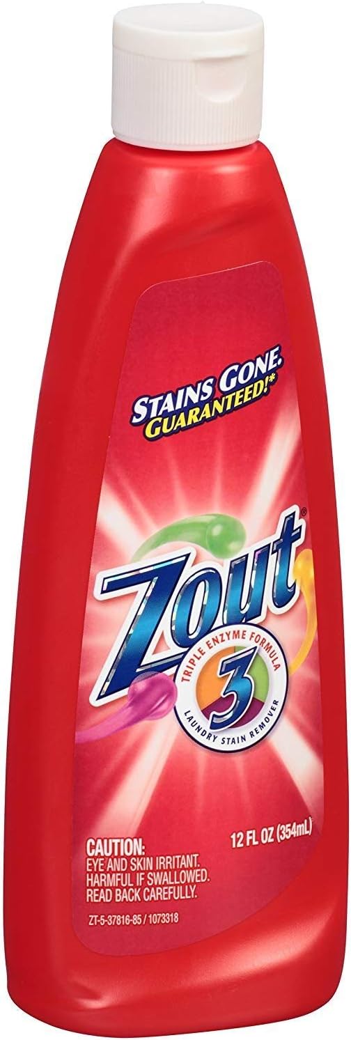Zout Laundry Stain Remover, Triple Enzyme Formula for Blood, Tomato Sauce, & Oil Stains, Made in USA, 12 Ounce Squeeze Bottle with Flip Top Cap (Pack of 3)