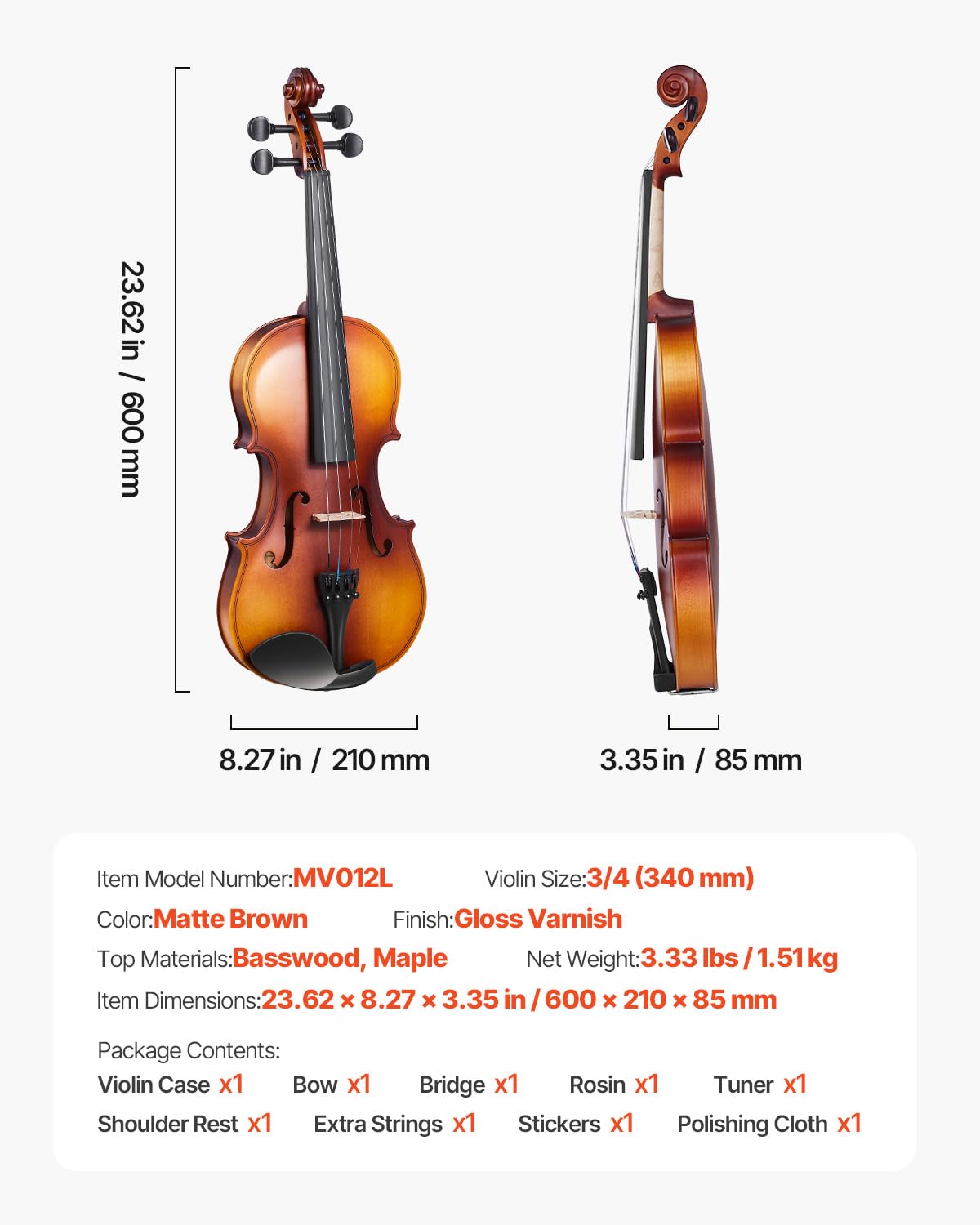 VEVOR Violon 3/4 Kit Débutant avec Étui, Archet, Colophane, Accordeur, Cordes de Rechange, Marron