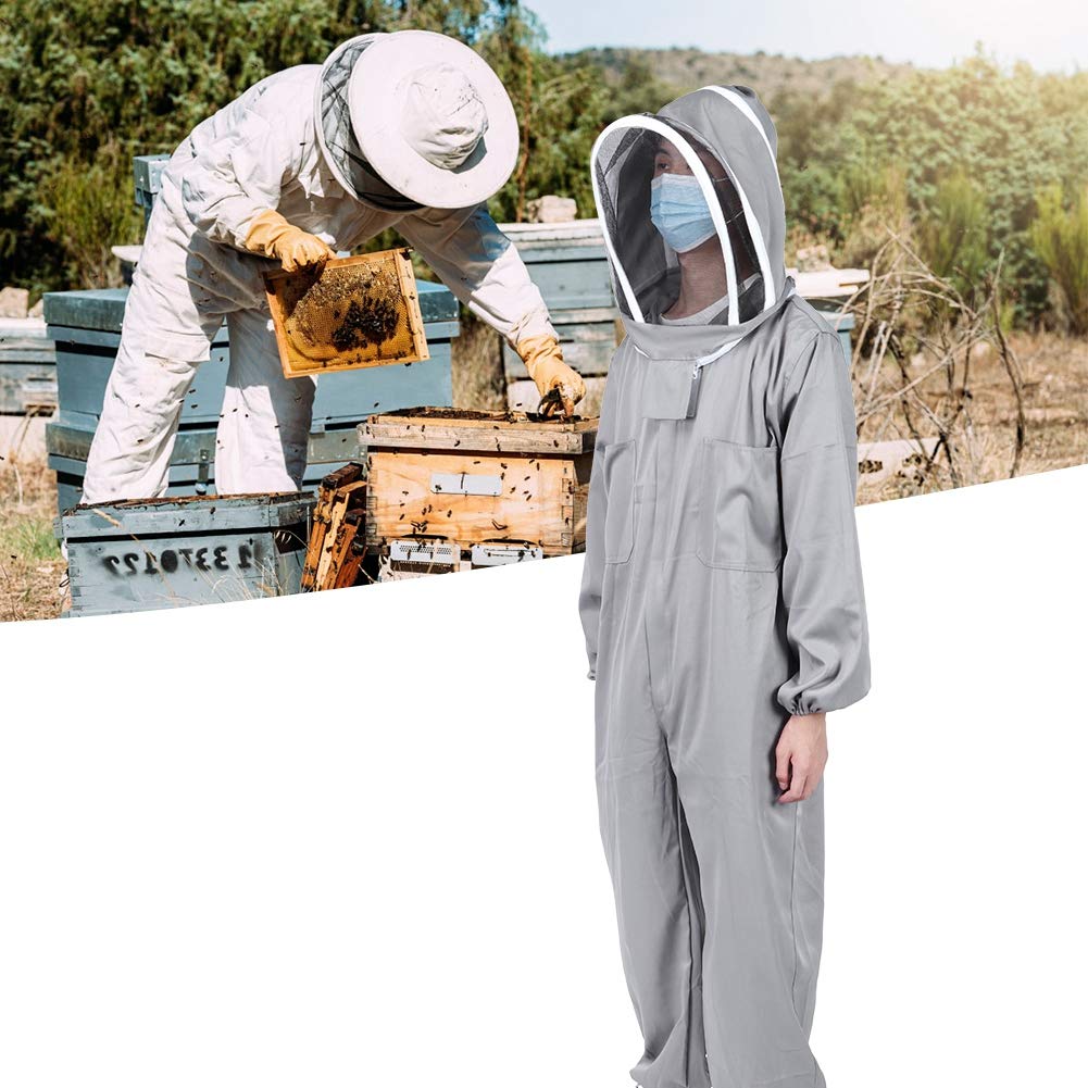 Traje de apicultura, mono protector de apicultor gris de una pieza con cremalleras dobles y velo con capucha para suministros de bata de apiario