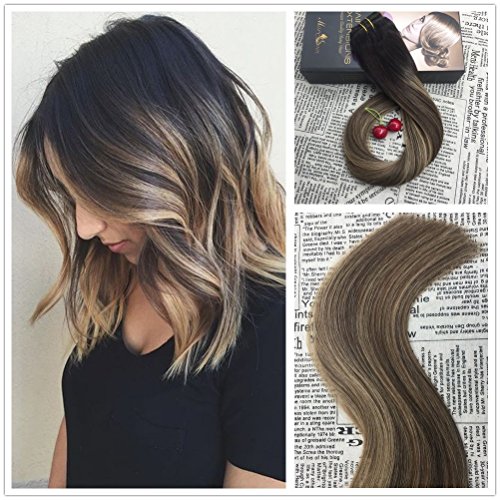 Moresoo Clip in Hair Extensions Full Head Set #1B Fading to #3 and #27 18 Inch Human Hair Extensions Clip in Hair 100 Remi Human Hair 7 Pcs/Set Balayage Clip in Hair Extensions