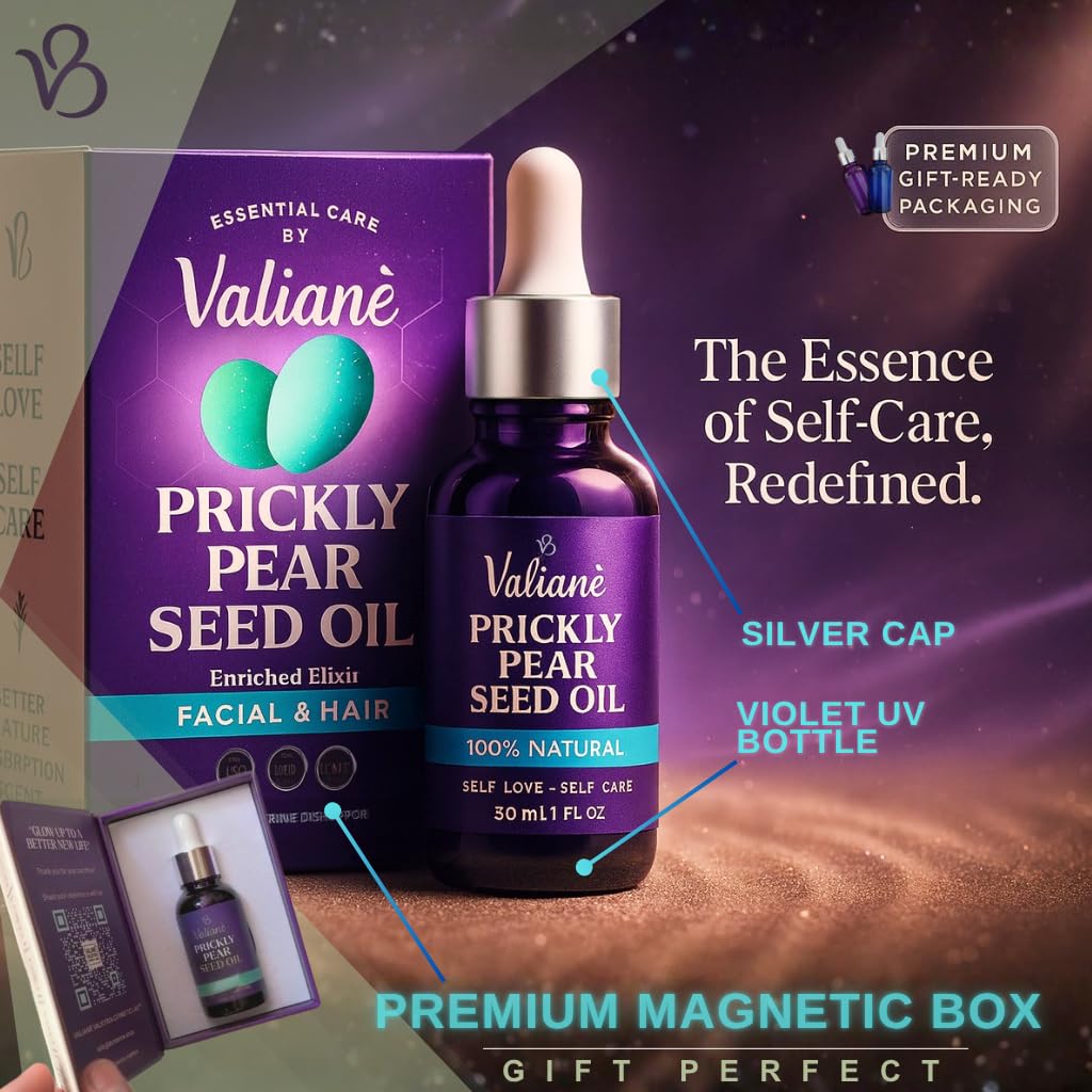 PRICKLY PEAR SEED OIL for FACE & HAIR Premium - Facial Serum Body Moisturizer Beard Oil - Prickly Pear (Barbary Fig) 100% NATURAL Enriched Blend, Extra Virgin Cold Pressed for Dry Skin 1 Fl Oz Valianè