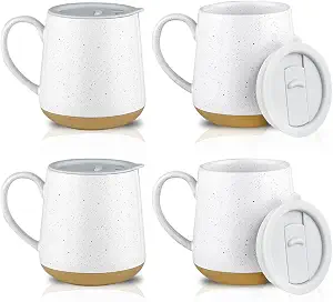 HVH Ceramic Coffee Mug with Lid, 17oz Coffee Mugs Set of 4, Ceramic Coffee Cups Set with Large Handle, Large Ceramic Mug with Lid for Coffee, Tea and More, Farmhouse Style (White)