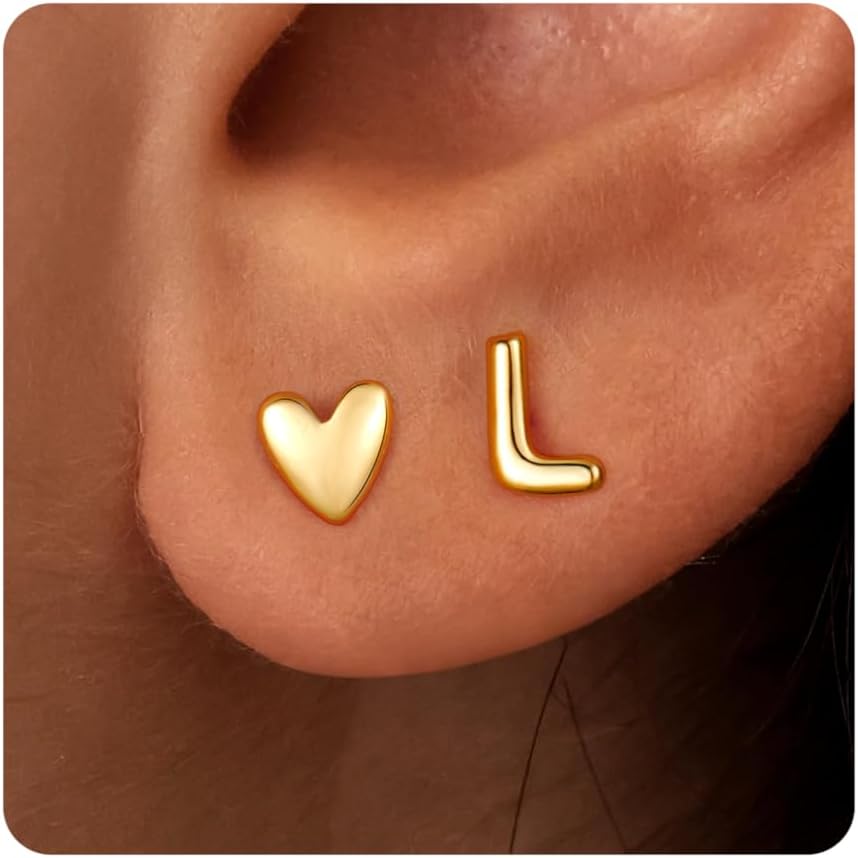 Stud Earrings for Girls Gifts - 2 Pairs S925 Sterling Silver Post Real Gold/Rose Gold Plated Heart Initial Stud Earrings for Girls Teen Girl Gifts Hypoallergenic Earring for Women Jewelry